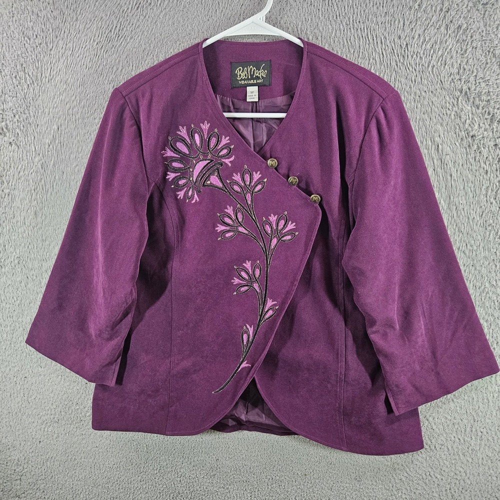 Bob Mackie Wearable Art Purple Floral Embroidered Asymmetrical Blazer Jacket M